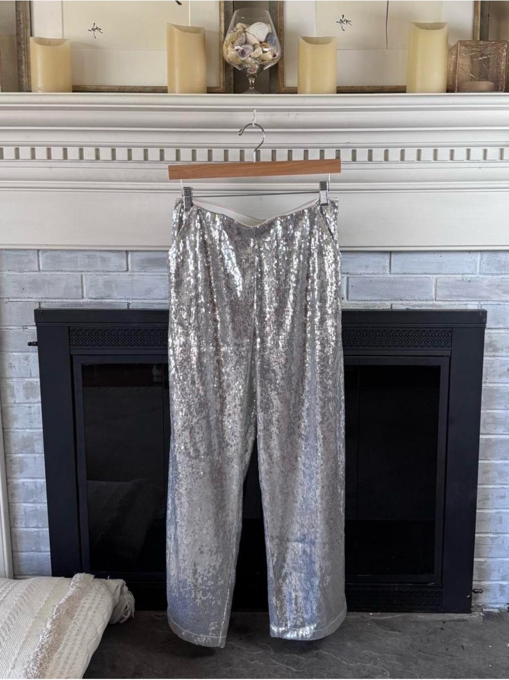 Boston Proper Malibu Silver Sequin Wide Leg Pants Lined Stretch Waist Glam Small - Picture 3 of 9